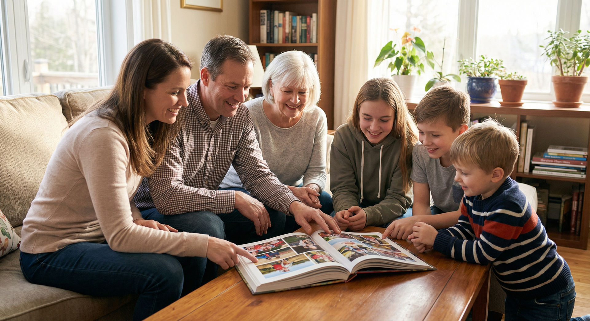 Family enjoying a photo book together