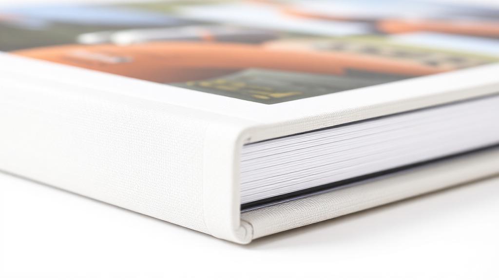 Close-up of a premium hardcover photo book showing quality binding and thick pages