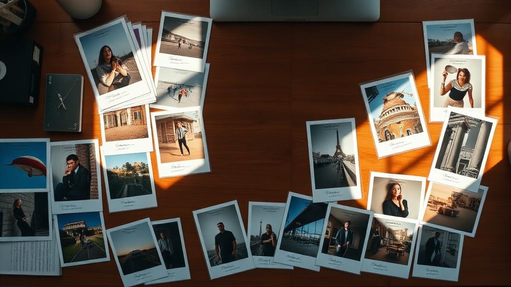 Photographs arranged in neat groups on a desk, organized by category with labels