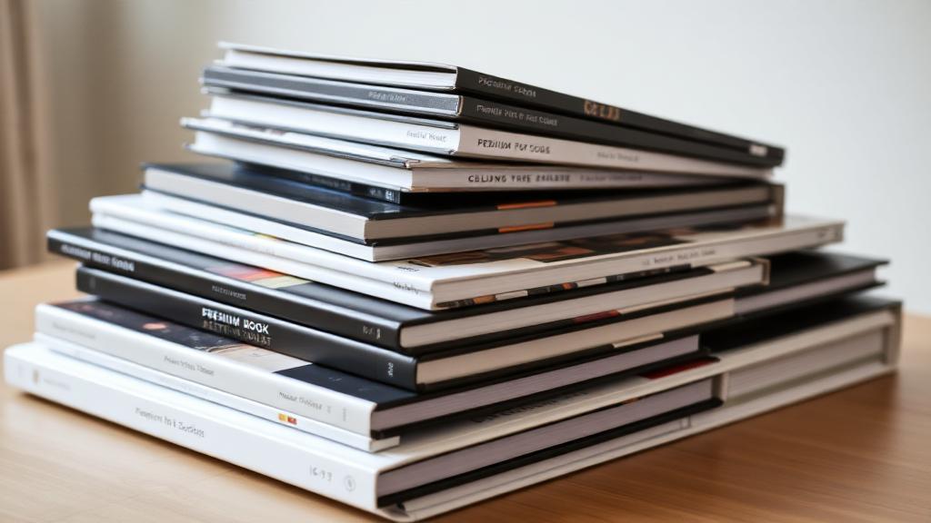 A stack of different premium hardcover photo books showing various sizes and styles
